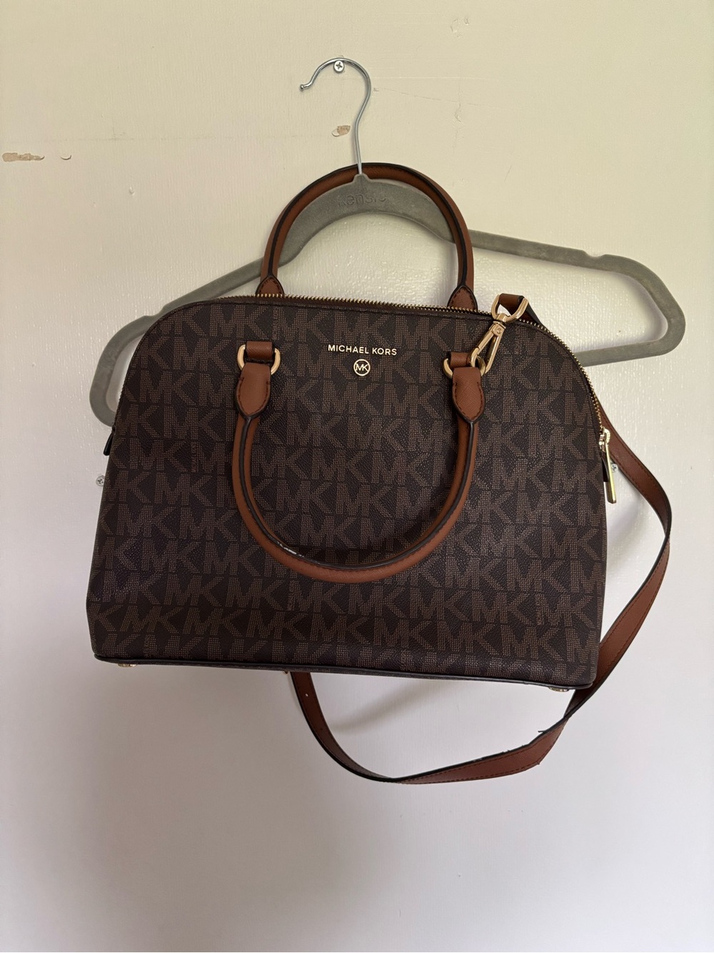 Michael Kors Brown MK Logo Dome Satchel with Gold Hardware